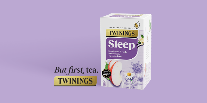 Image of Twinings Superblends Sleep pack, with ‘But first, tea’ campaign line