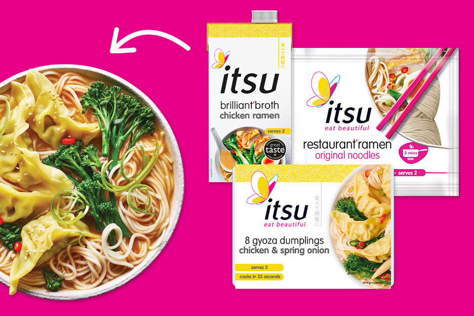 This image contains images of itsu chicken ramen brilliant broth, itsu restaurant ramen original noodles, itsu chicken and spring onion gyoza and an image of a ramen bowl.