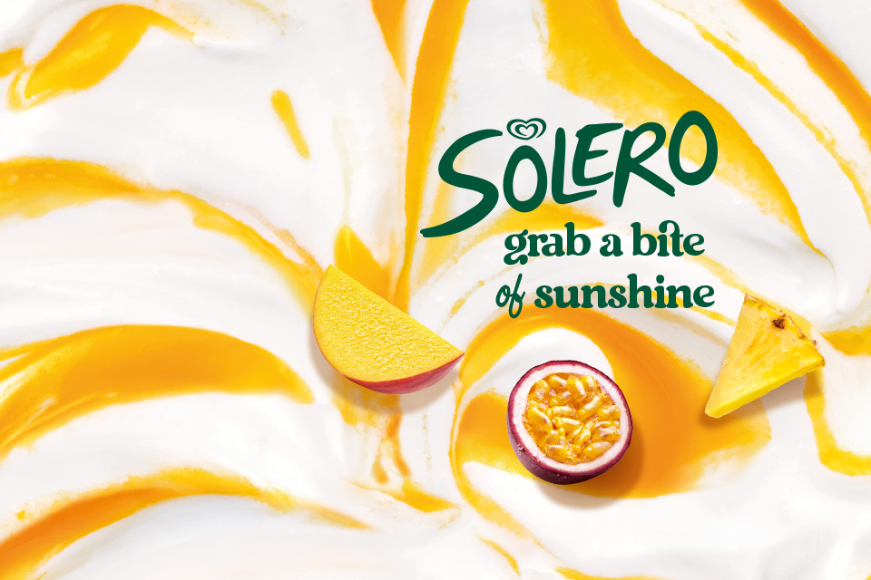 Banner Ad for Solero BonBons showing pieces of fresh tropical fruit on a bright background. Green texts says “grab a bite of sunshine”.