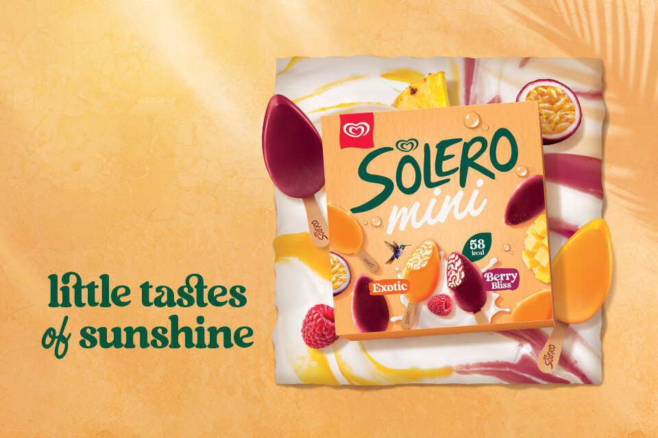 Banner Ad for Solero showing Solero Mini ice lollies next to a product box on a bright, summery background. Green texts says “little taste of sunshine”.