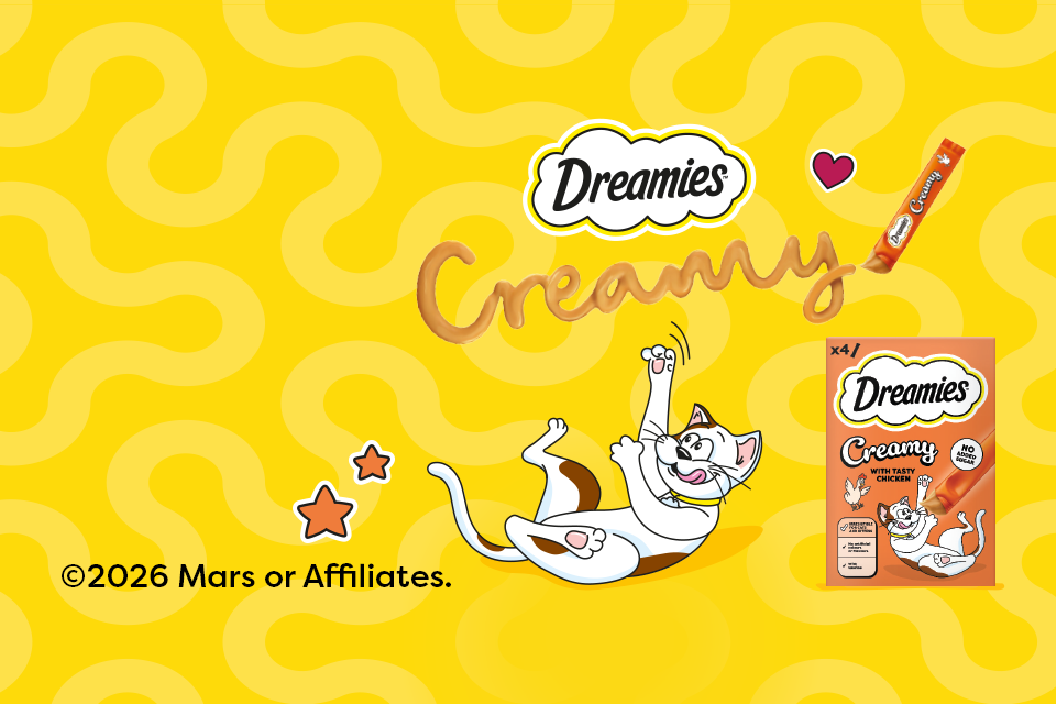 Yellow banner with Dreamies treats
