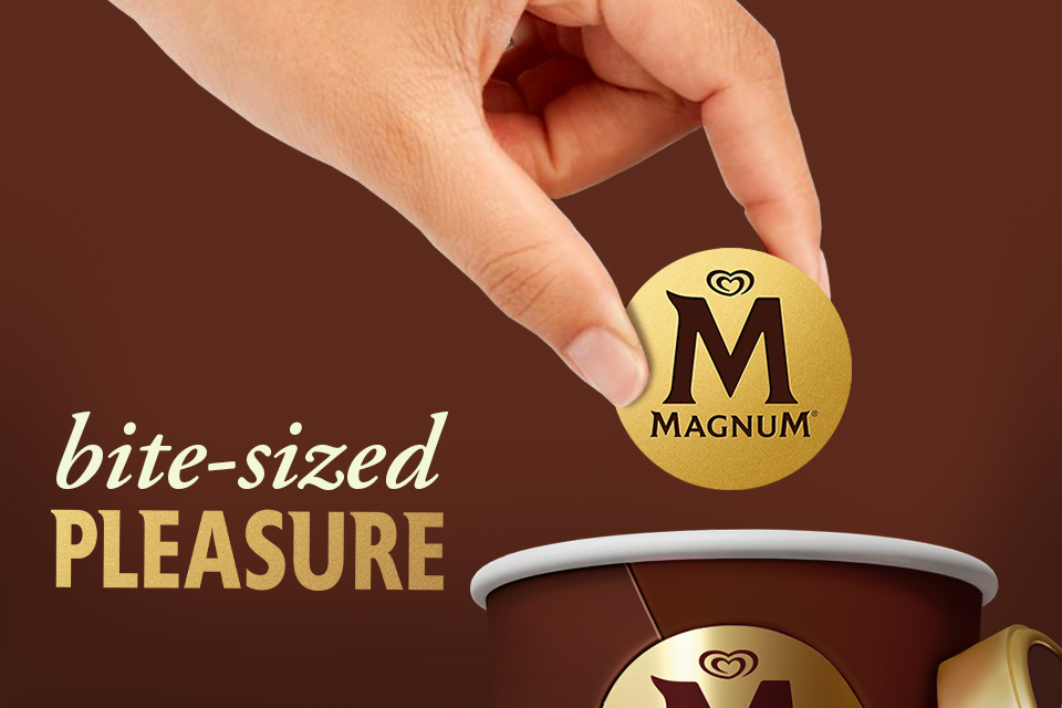 Magnum logo with the text 'bite-sized PLEASURE' on a rich brown background above a Magnum Bon Bon ice cream cup