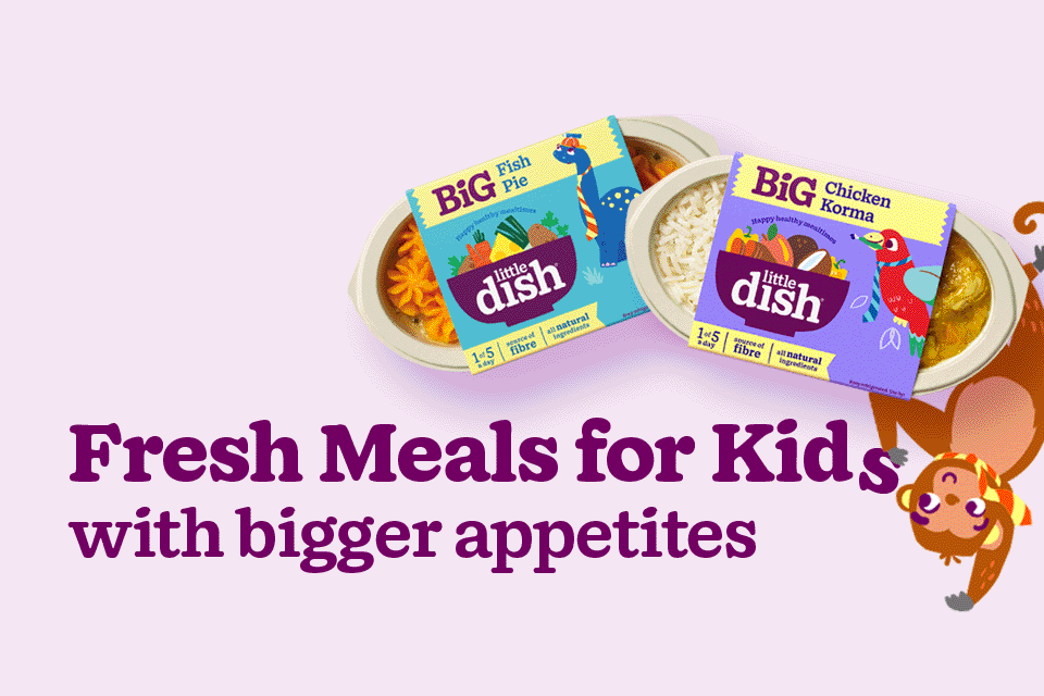 A BIG Dish Chicken Tikka 300g pack shot, banner calling out the 'Buy ONE, Give ONE' charity partnership and text saying 'Help us fight school holiday hunger with' and the The Felix Project logo.